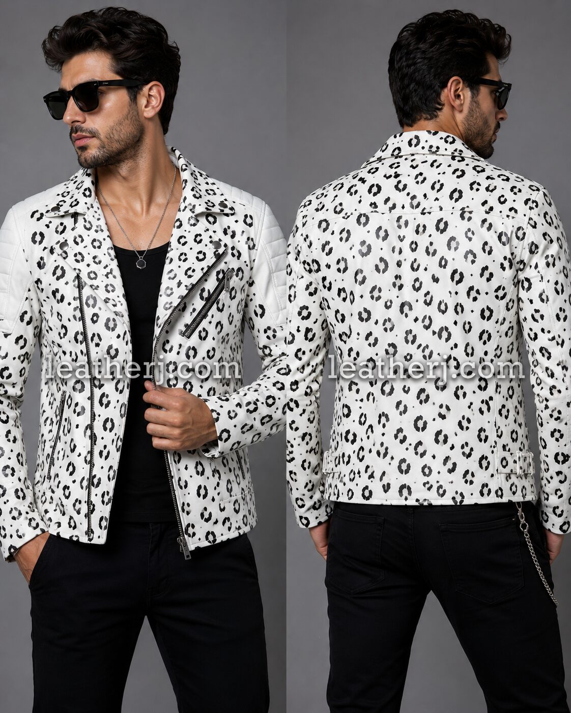Men’s White Leopard Print Leather Biker Jacket