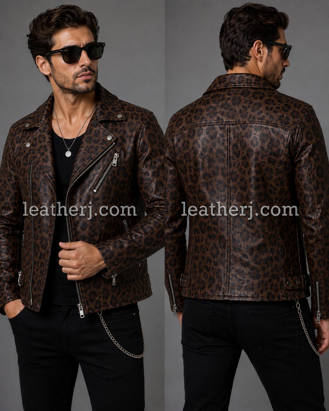Men’s Dark Brown Leopard Print Leather Biker Jacket
