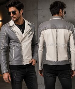 Men’s Grey & Off-White Studded Leather Biker Jacket