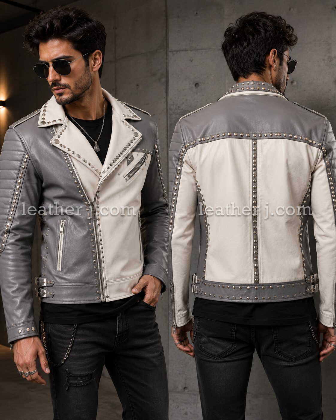 Men’s Grey & Off-White Studded Leather Biker Jacket