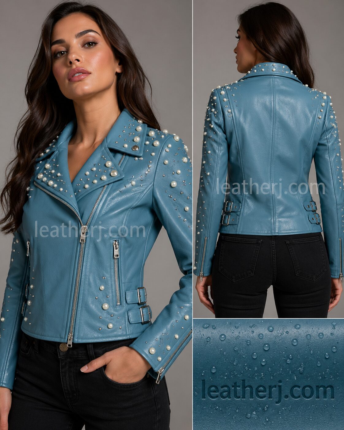 Sea Blue Pearl & Studded Leather Jacket – Women