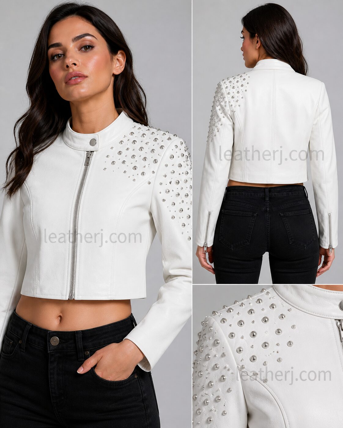 Women’s White Cropped Leather Jacket with Studded Shoulder
