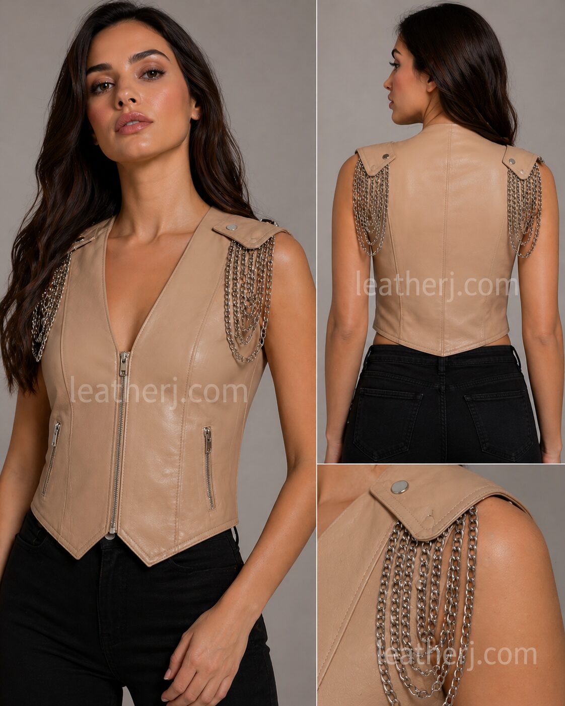 Women’s Skin Tone Leather Vest with Chain Shoulder Detail