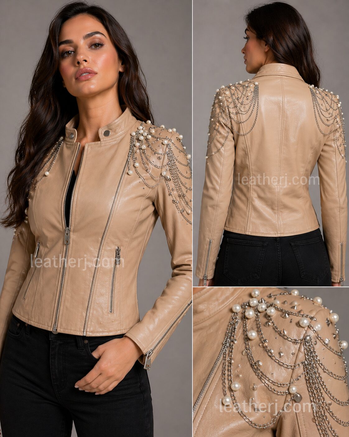 Women’s Skin Tone Leather Jacket with Pearl & Chain Embellished Shoulders
