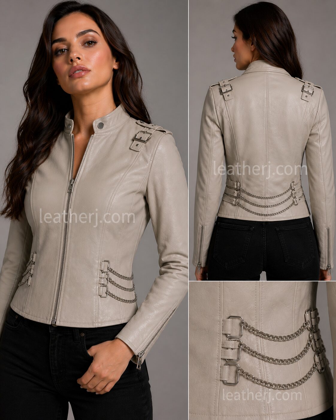 Women’s Dove Color Leather Jacket with Waist Chains & Buckled Shoulders