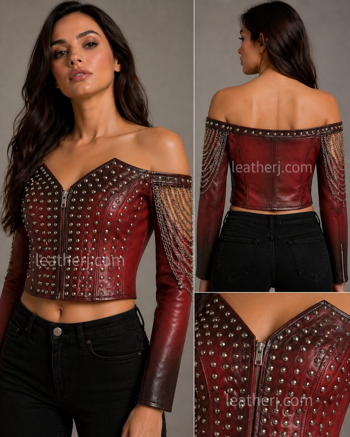 Women’s Red Ombre Off-Shoulder Studded Crop Leather Jacket with Chain Detail
