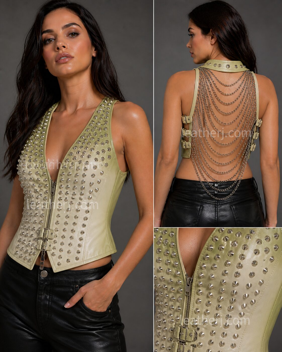 Women’s Light Green & Off-White Ombre Backless Leather Vest with Studs & Chain Back