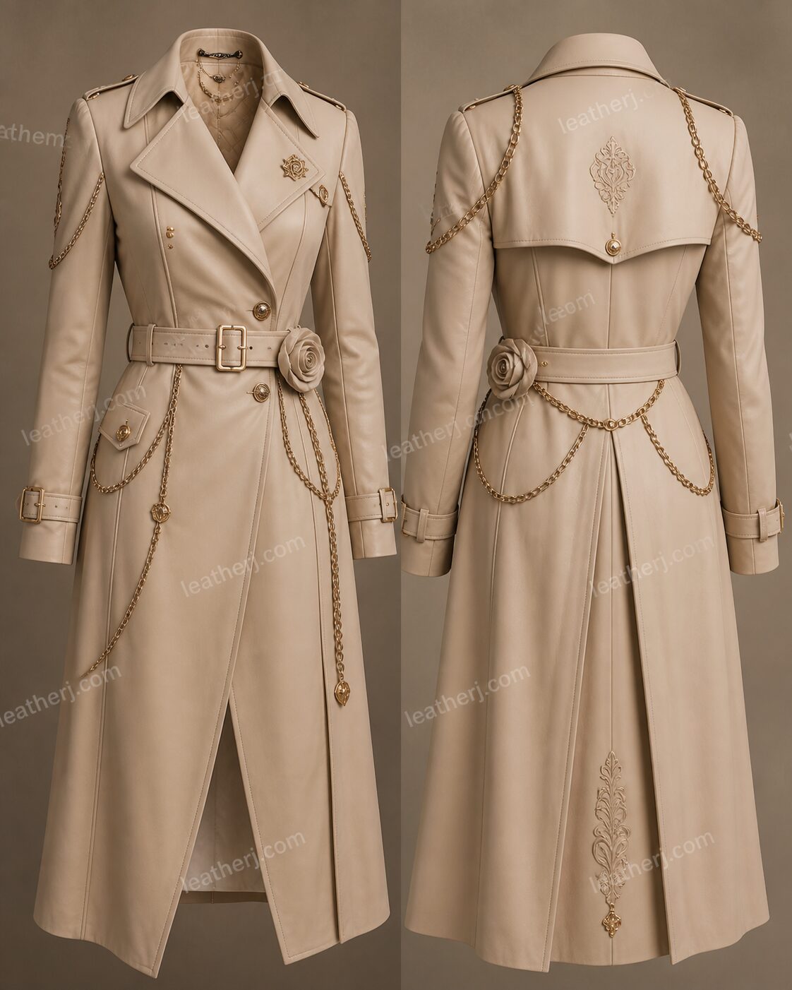 Beige Luxe Chain-Detail Leather Trench Coat for Women