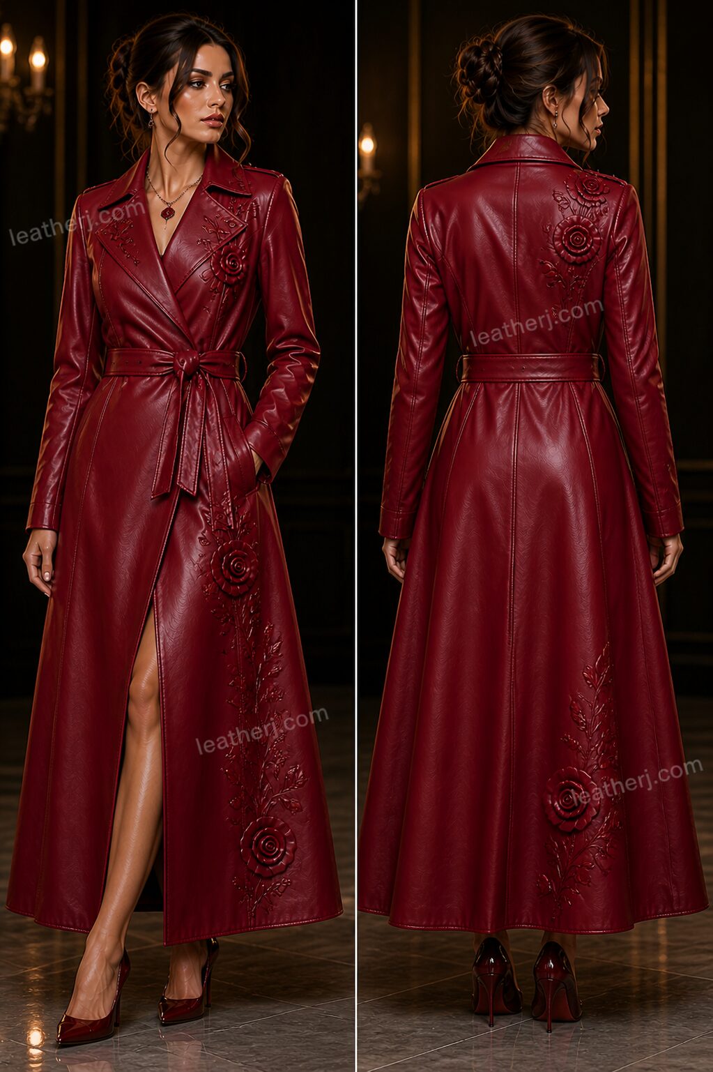 Elegant Crimson Floral Leather Trench Coat for Women