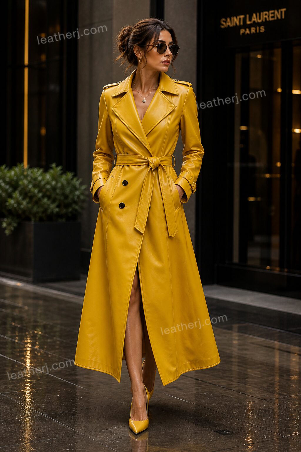 Chic Mustard Yellow Leather Trench Coat for Women