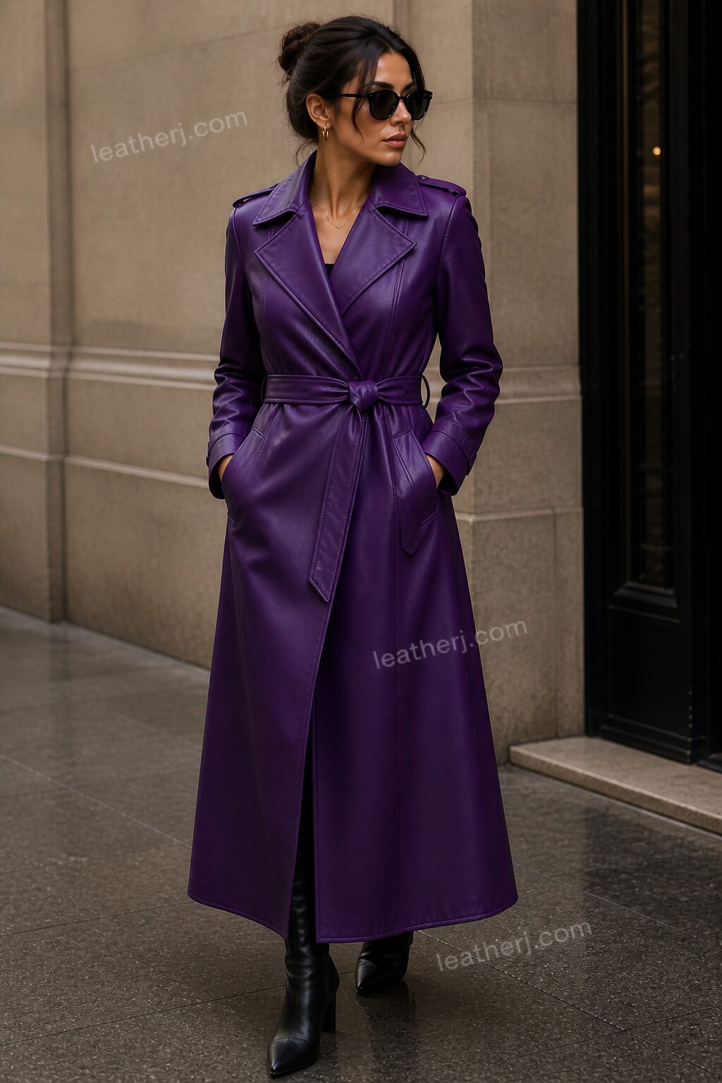 Minimalist Purple Leather Trench Coat for Women
