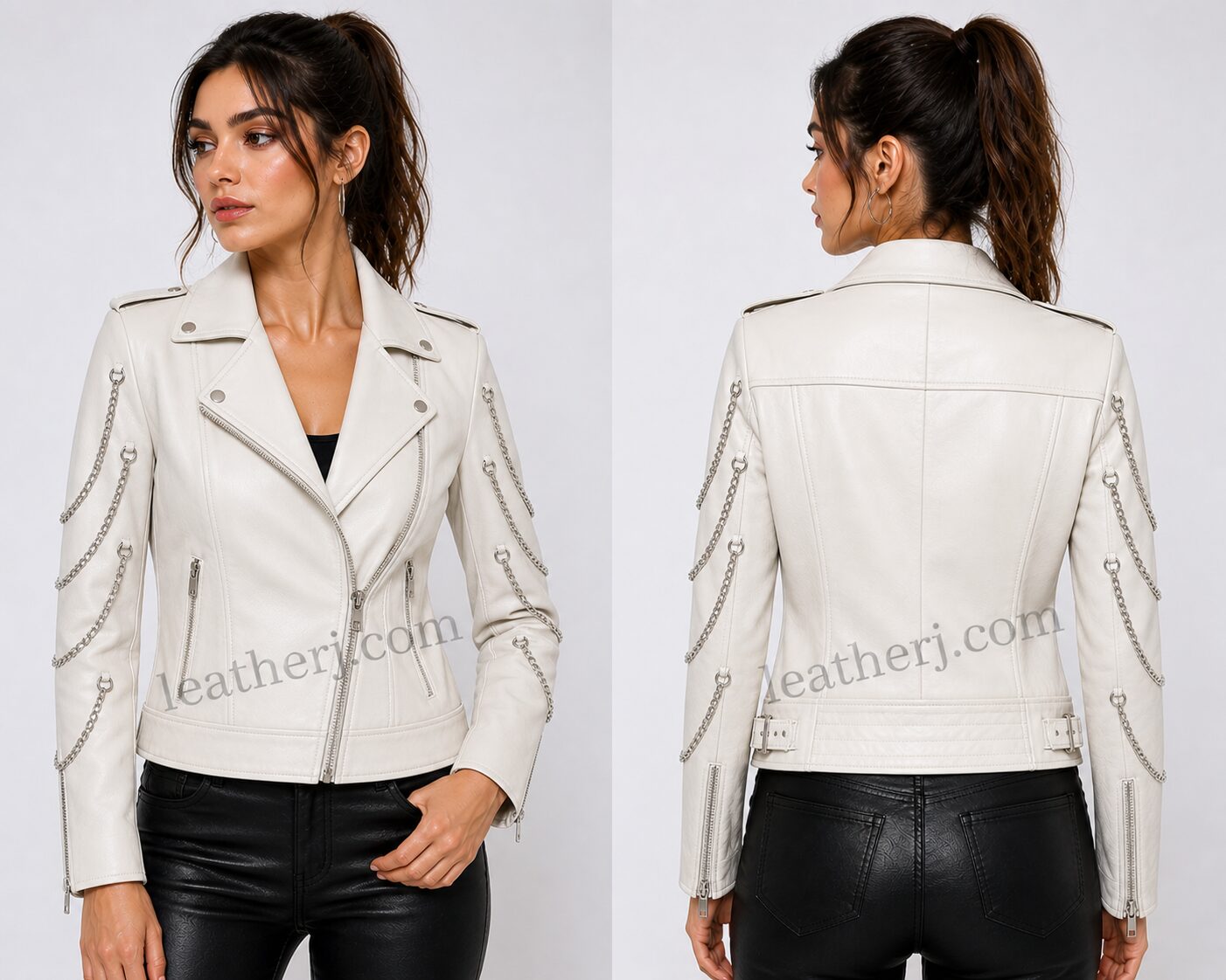 Dove Grey Leather Jacket with Chain-Detail Sleeves – Statement Edition by LeatherJ
