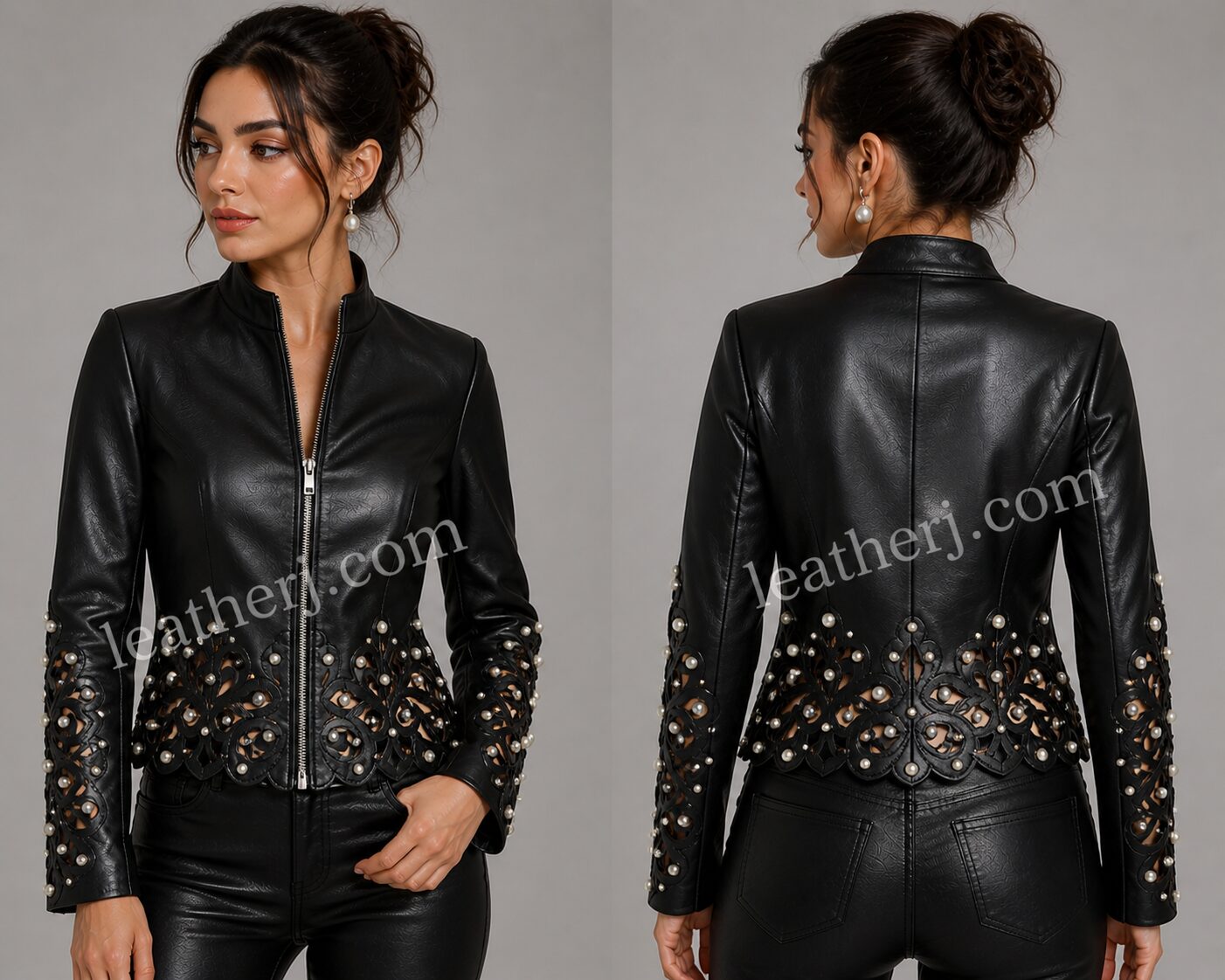 Black Leather Jacket with Pearl-Embellished Cutwork – Luxe Statement by LeatherJ