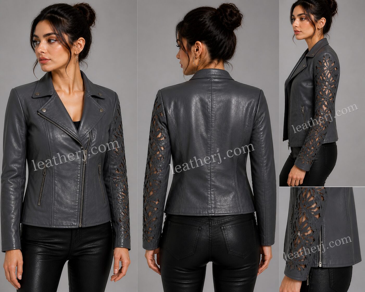 Dark Grey Leather Jacket with Cutwork Sleeve Detail – Modern Edge by LeatherJ
