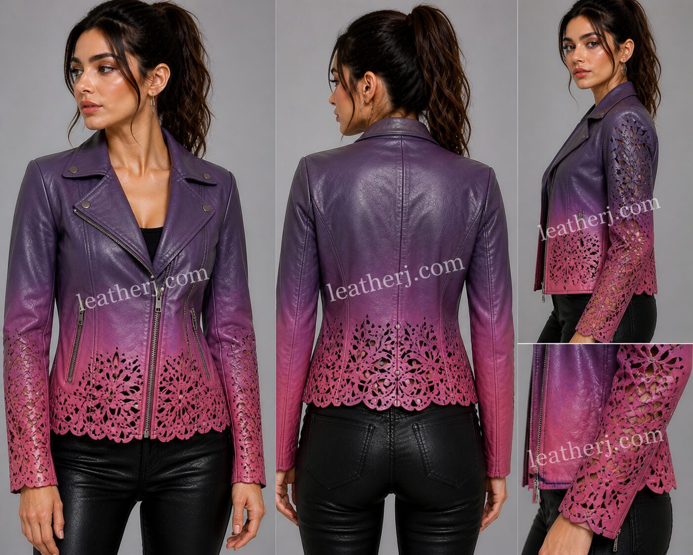 Purple to Pink Ombre Leather Jacket with Cutwork Design – Statement Luxe by LeatherJ