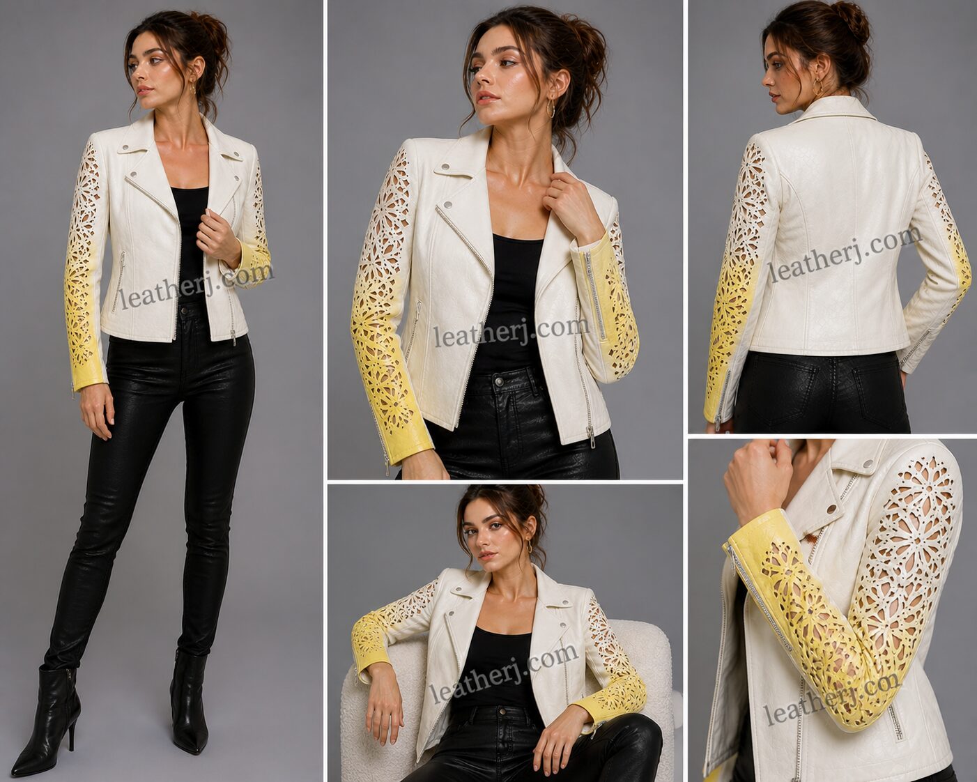 Off-White Leather Jacket with Yellow Ombre Cutwork Sleeves – Signature Style by LeatherJ