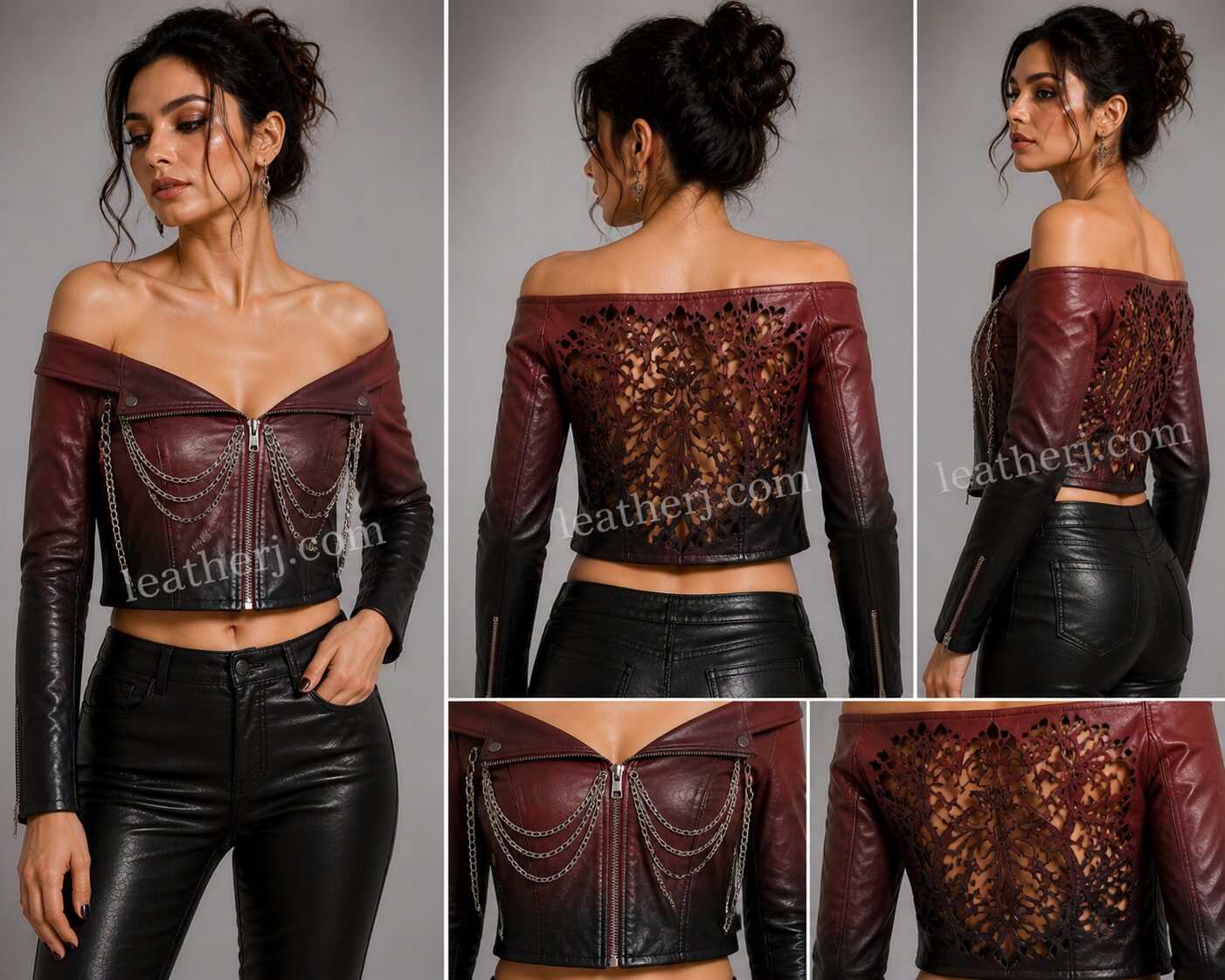 Maroon & Black Ombre Off-Shoulder Leather Crop Jacket with Chain Detail – Bold Luxe by LeatherJ