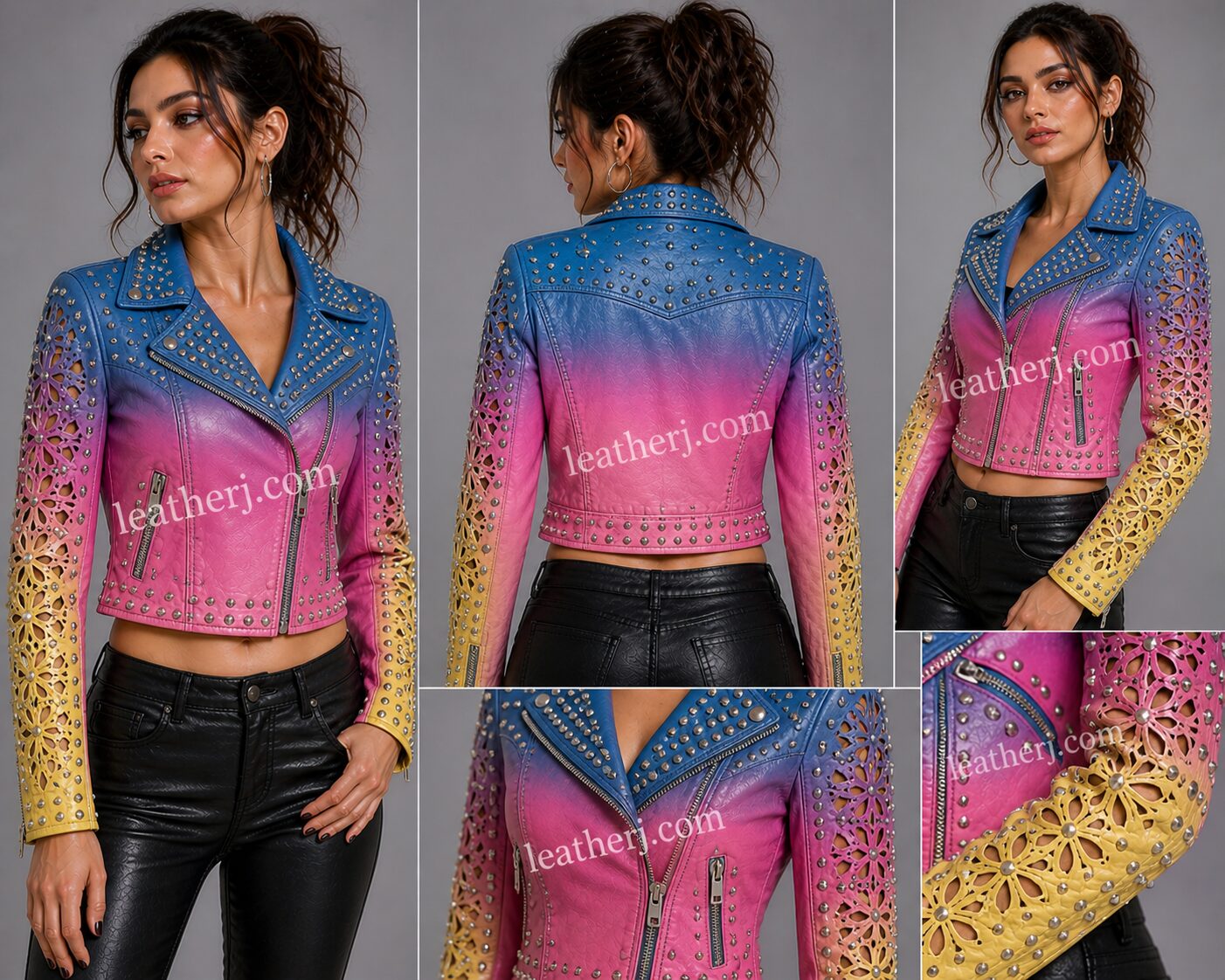 Blue & Pink Ombre Leather Crop Jacket with Studded Cutwork Sleeves – Bold Fusion by LeatherJ