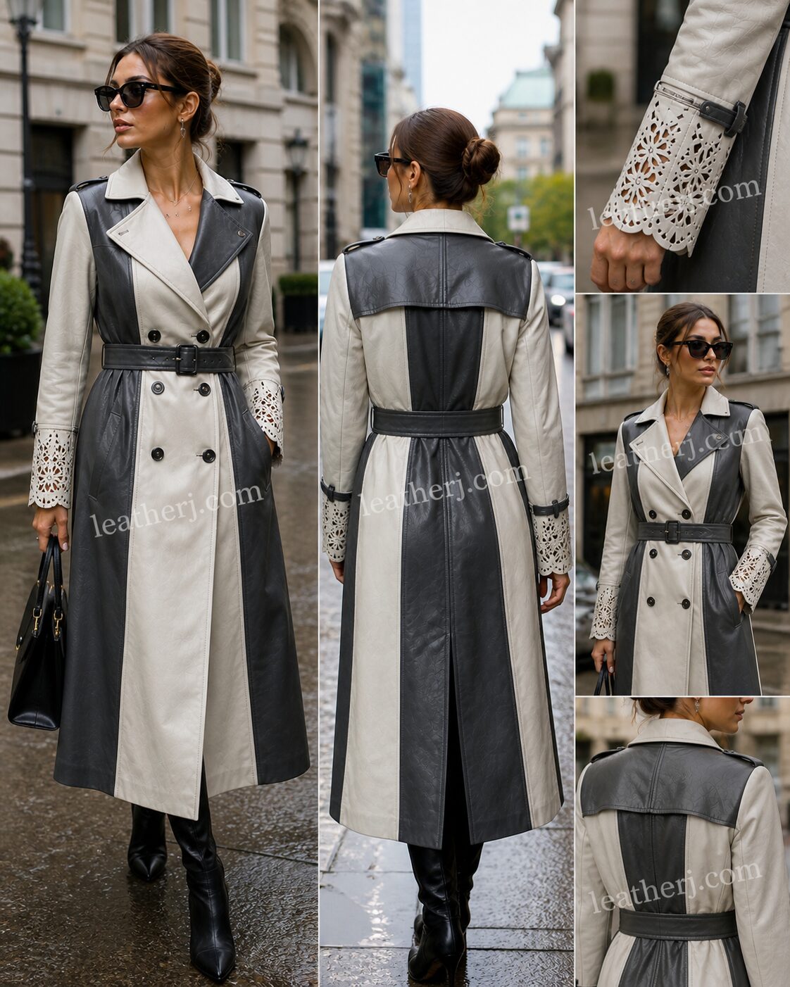 Dove & Dark Grey Leather Trench Coat with Cutwork Cuffs – Elegant Statement by LeatherJ