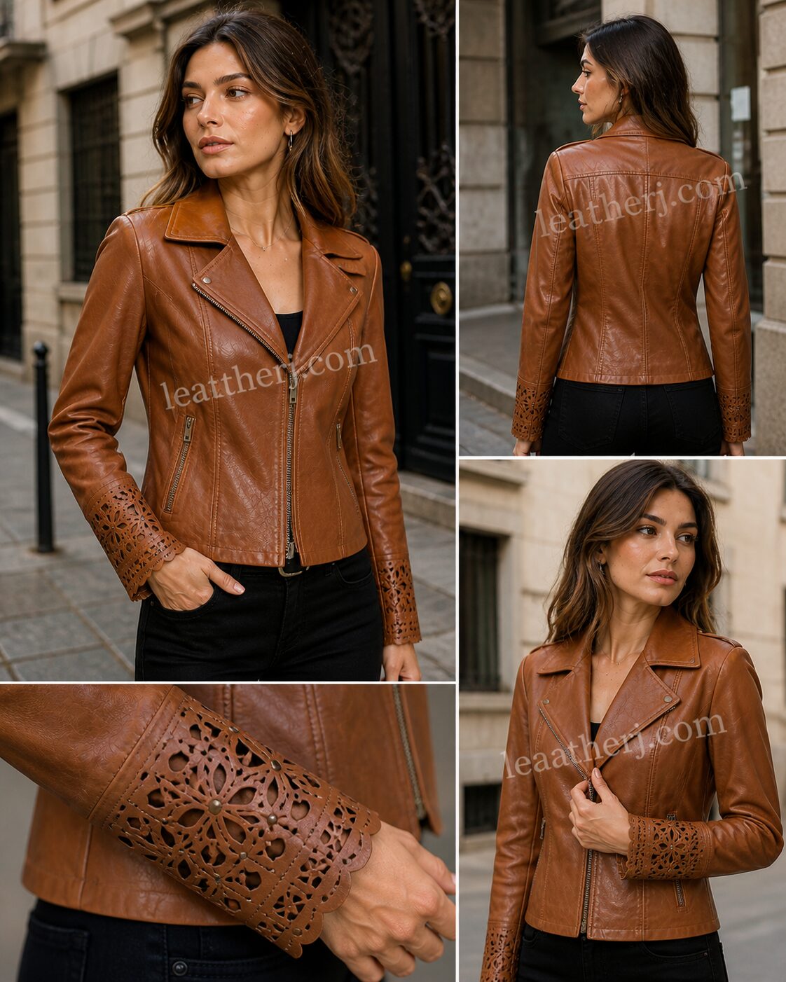 Wood Brown Leather Jacket with Cutwork Cuffs – Classic Elegance by LeatherJ