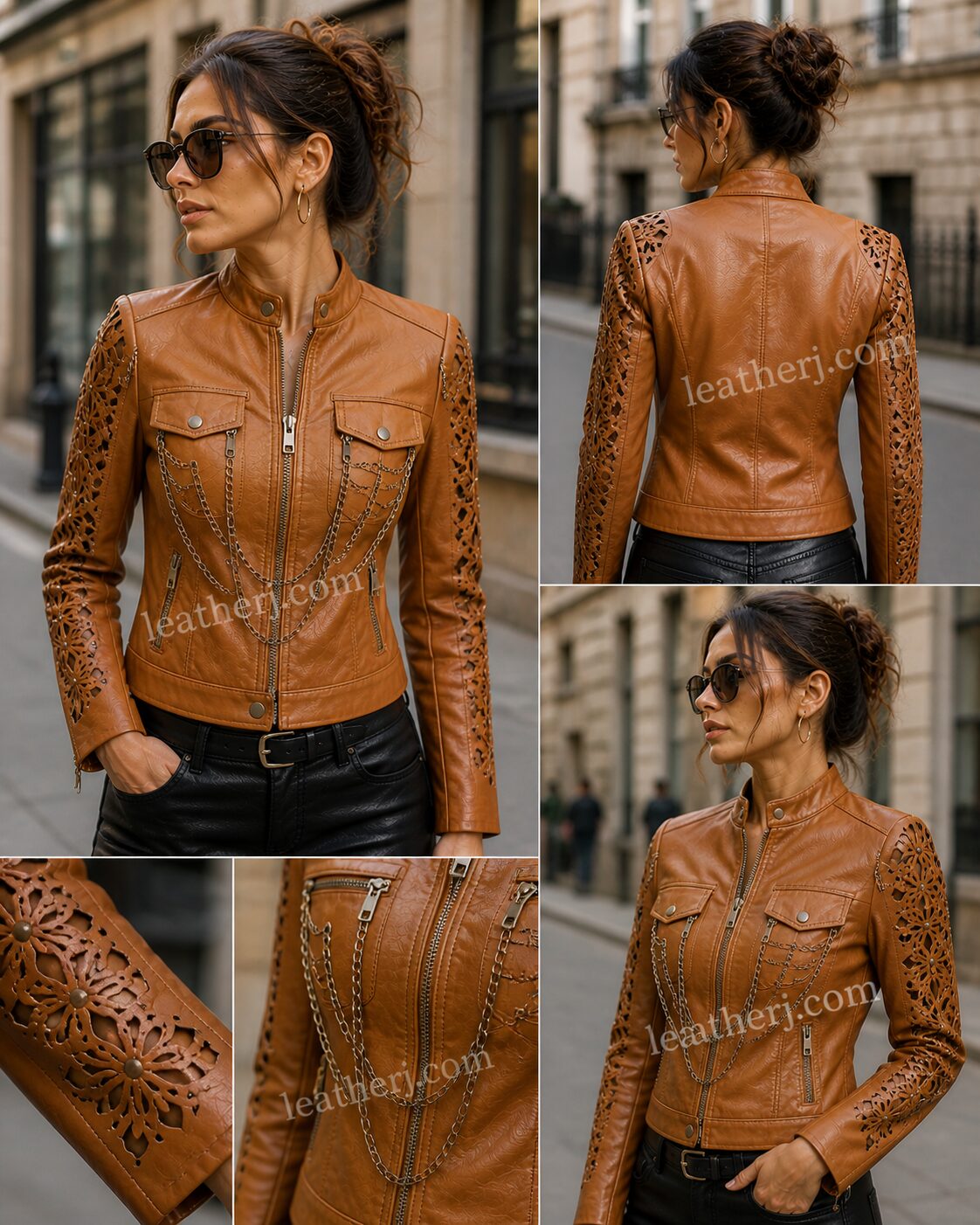 Caramel Leather Jacket with Cutwork Sleeves & Chain Detailing – Urban Luxe by LeatherJ