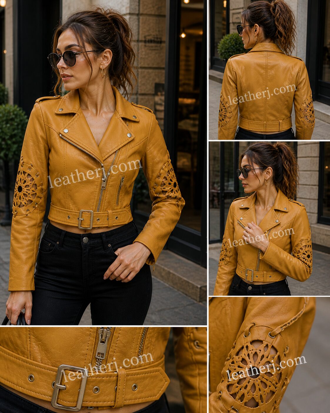 Mustard Leather Crop Jacket with Cutwork Elbows & Belted Detail – Chic Edge by LeatherJ