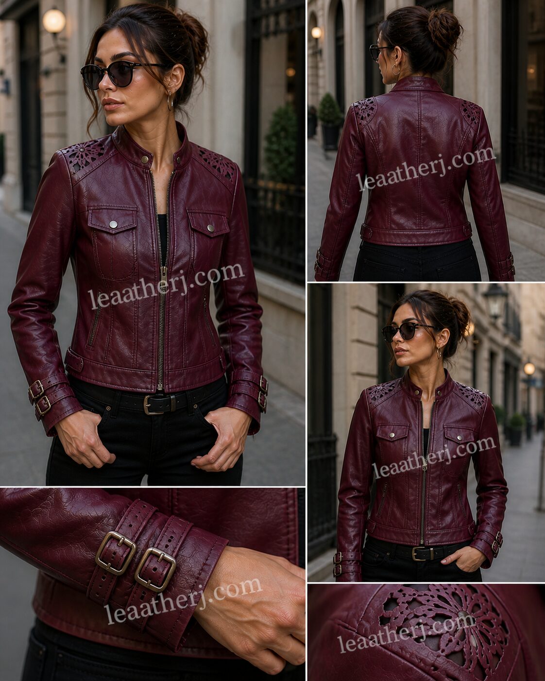 Burgundy Leather Jacket with Cutwork Shoulders & Buckled Cuffs – Urban Statement by LeatherJ