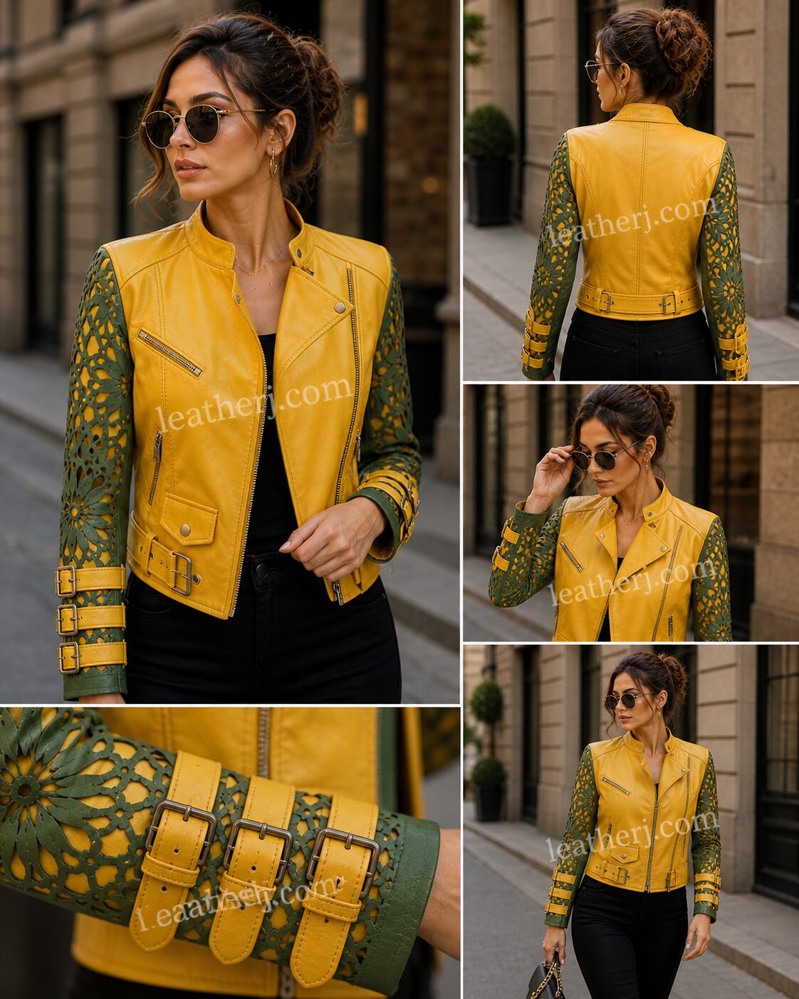 Yellow Leather Jacket with Green Cutwork Sleeves & Buckled Detail – Trend Luxe by LeatherJ