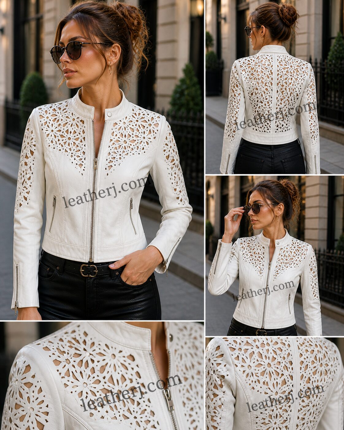 Slim Fit White Leather Jacket with Full Cutwork Design – Elegant Statement by LeatherJ