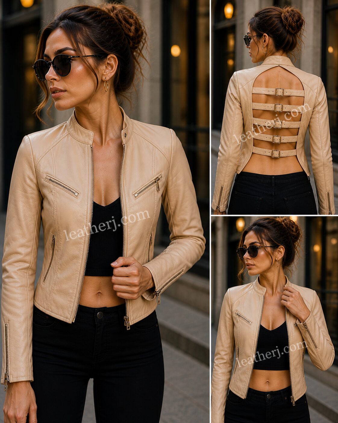 Skin Tone Leather Slim Fit Jacket with Back Strap Design – Minimal Luxe by LeatherJ