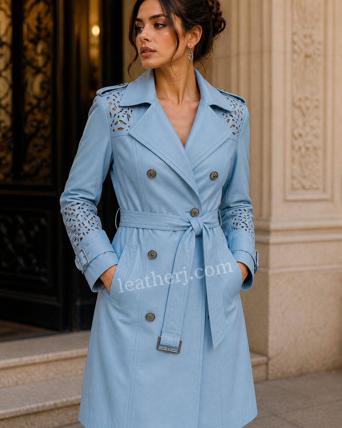Light Blue Leather Trench Coat with Cutwork Detailing – Elegant Luxe by LeatherJ