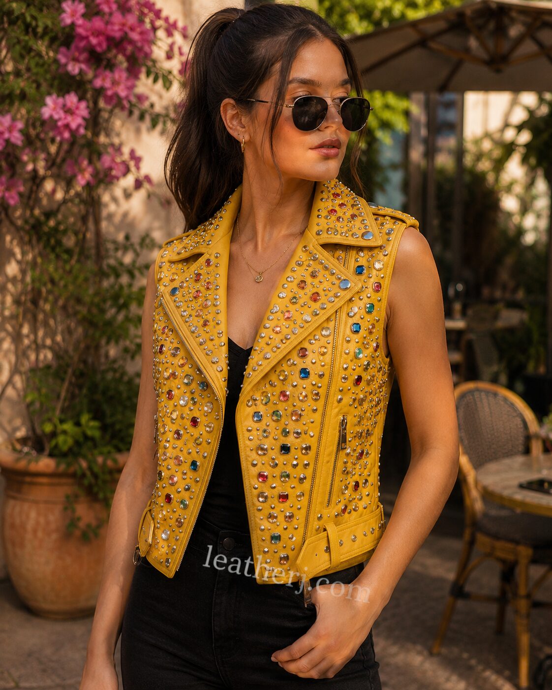Yellow Studded Leather Vest with Multicolor Stone Embellishments – Glam Rock Edition by LeatherJ
