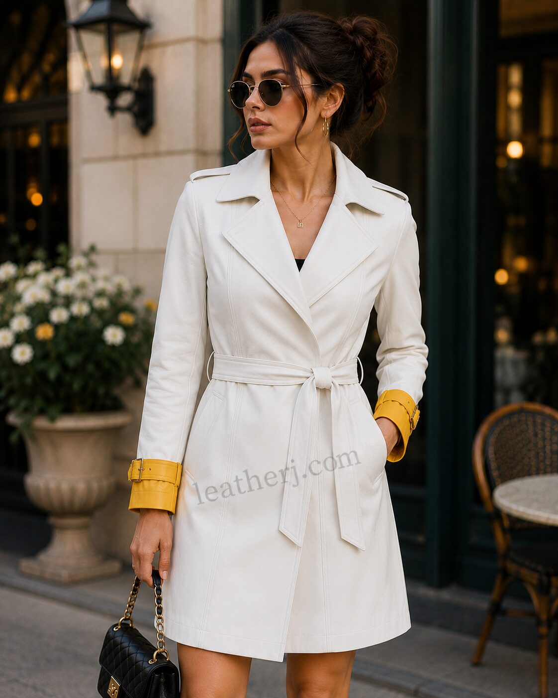 White Leather Trench Coat with Yellow Cuff Detail – Elegant Contrast Edition by LeatherJ