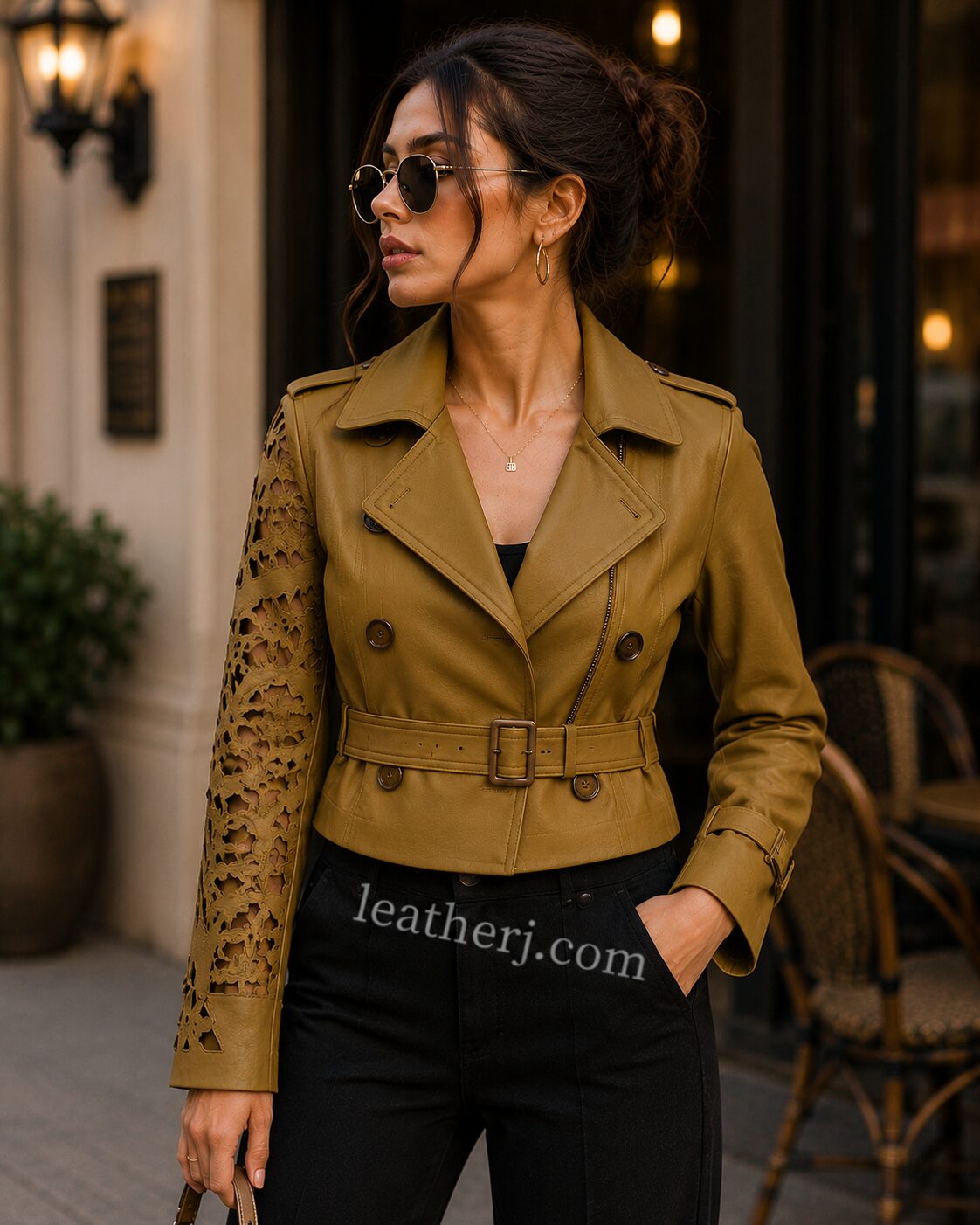 Mehndi Green Leather Crop Trench Jacket with Full Cutwork Sleeve – Contemporary Luxe by LeatherJ