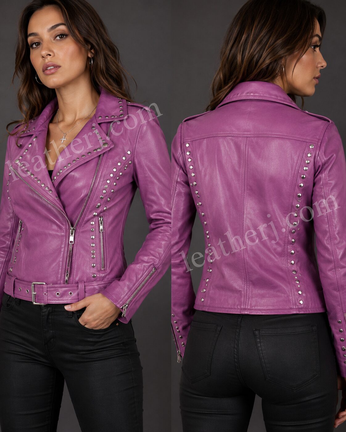 Women’s Pink Purple Studded Leather Biker Jacket