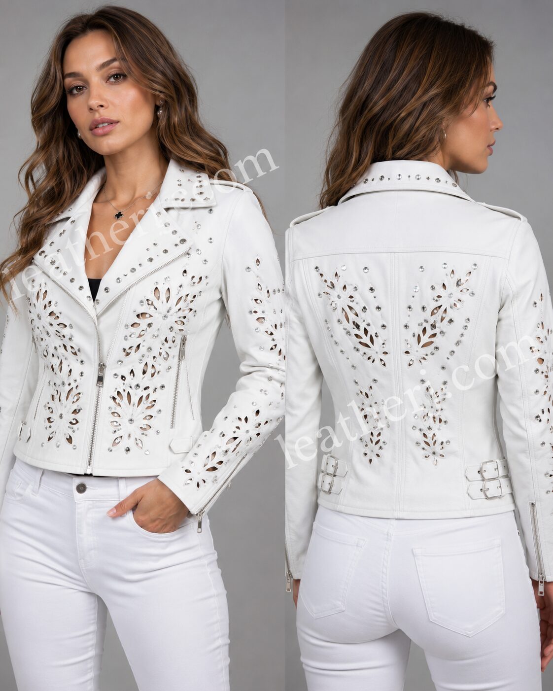 Women’s White Cutwork Leather Jacket with Crystal Gems