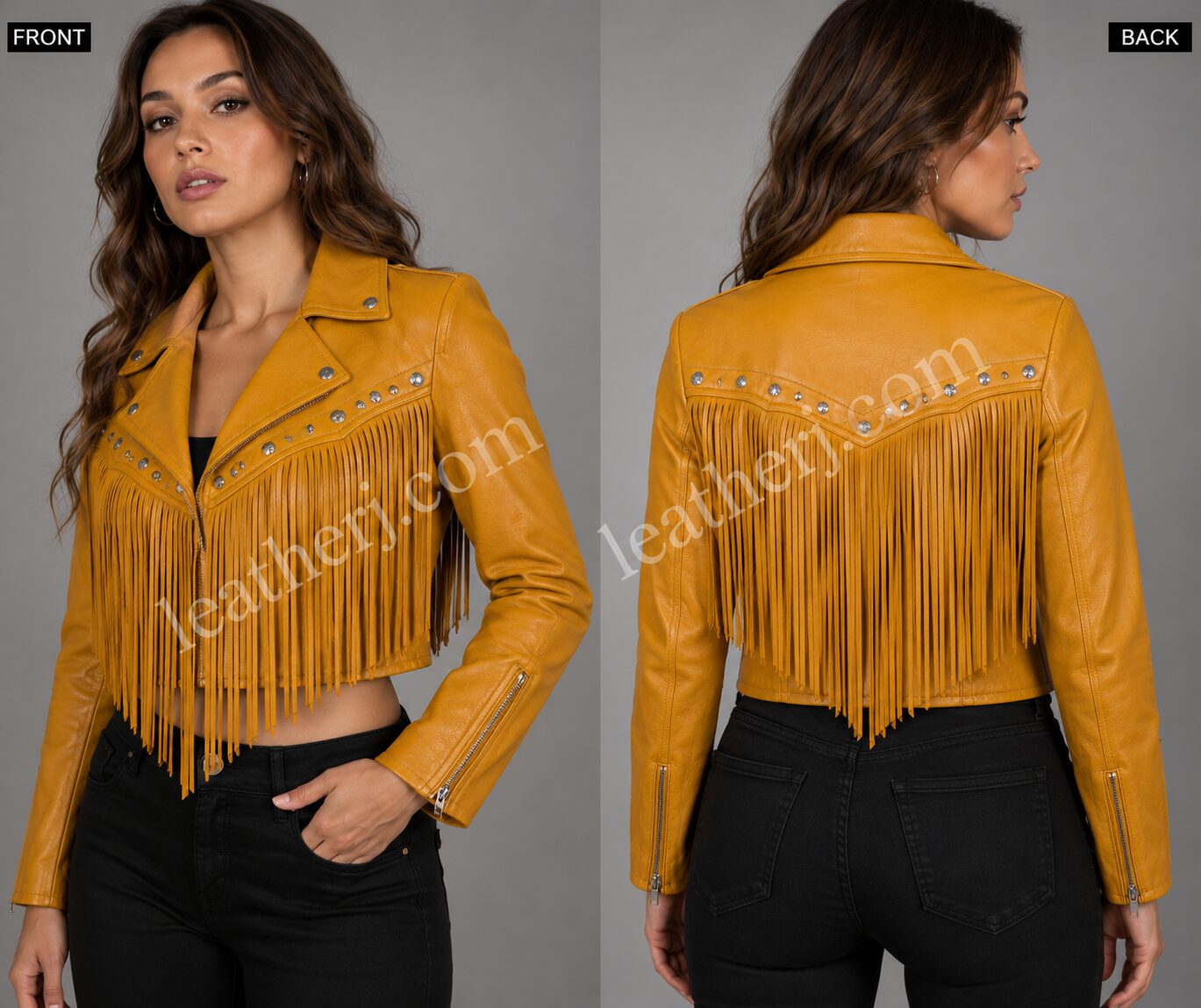 Women’s Mustard Cropped Fringe Leather Jacket