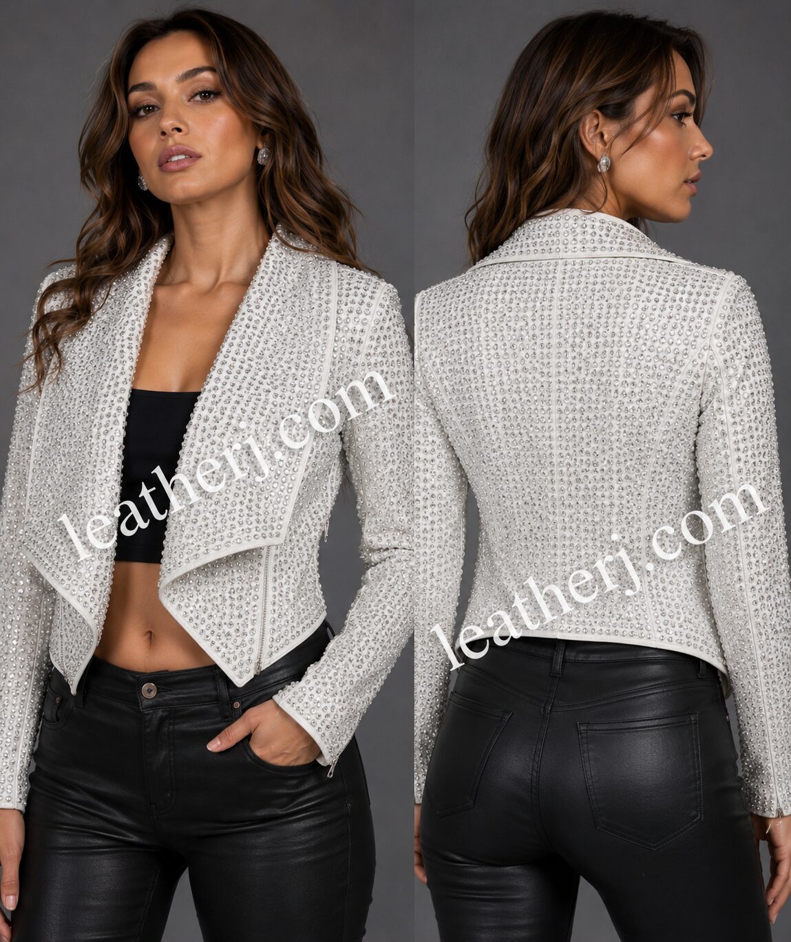 Women’s White Rhinestone Embellished Deep V Leather Jacket