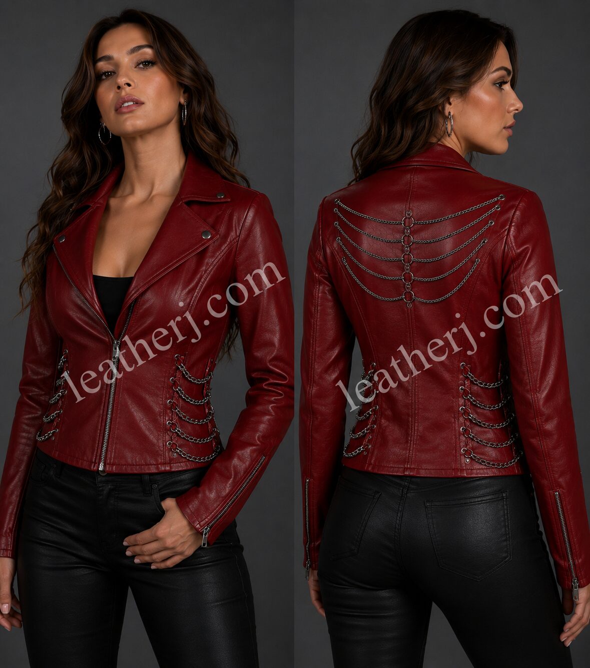 Women’s Deep Blood Red Chain Detail Leather Jacket