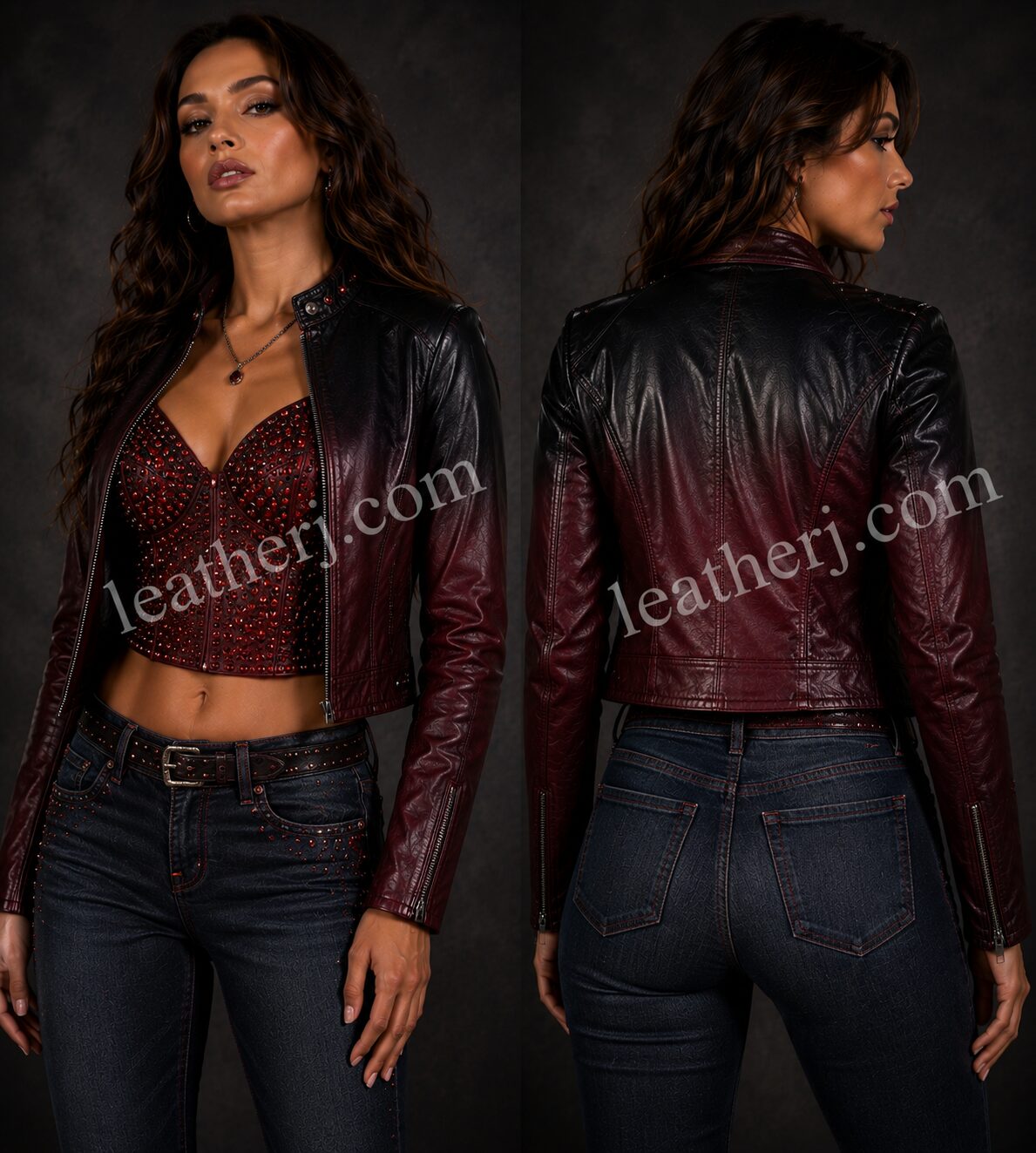 Women’s Maroon & Black Ombre Leather Jacket with Rhinestone Corset Blouse