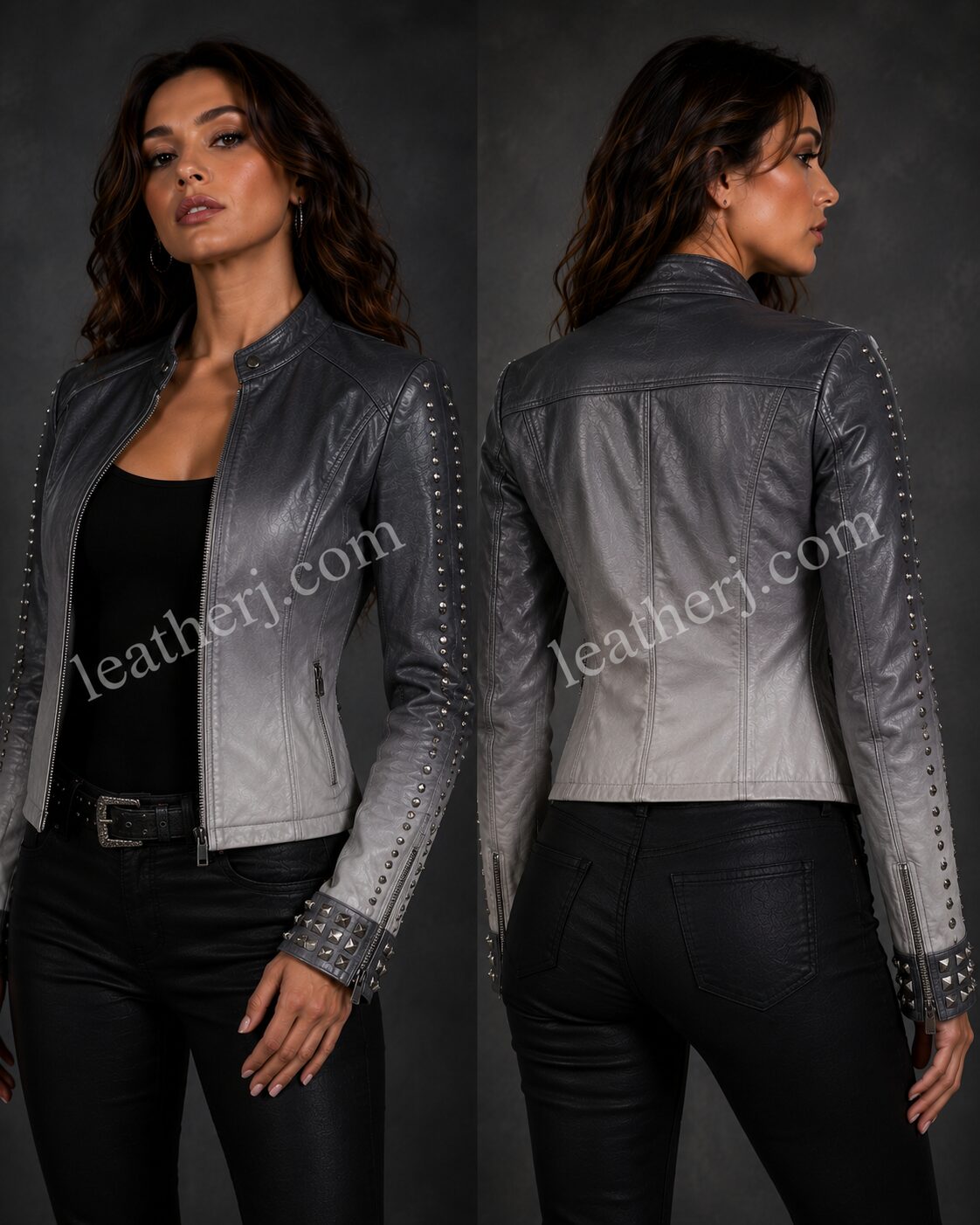 Women’s Dark Grey to Light Grey Ombre Studded Leather Jacket