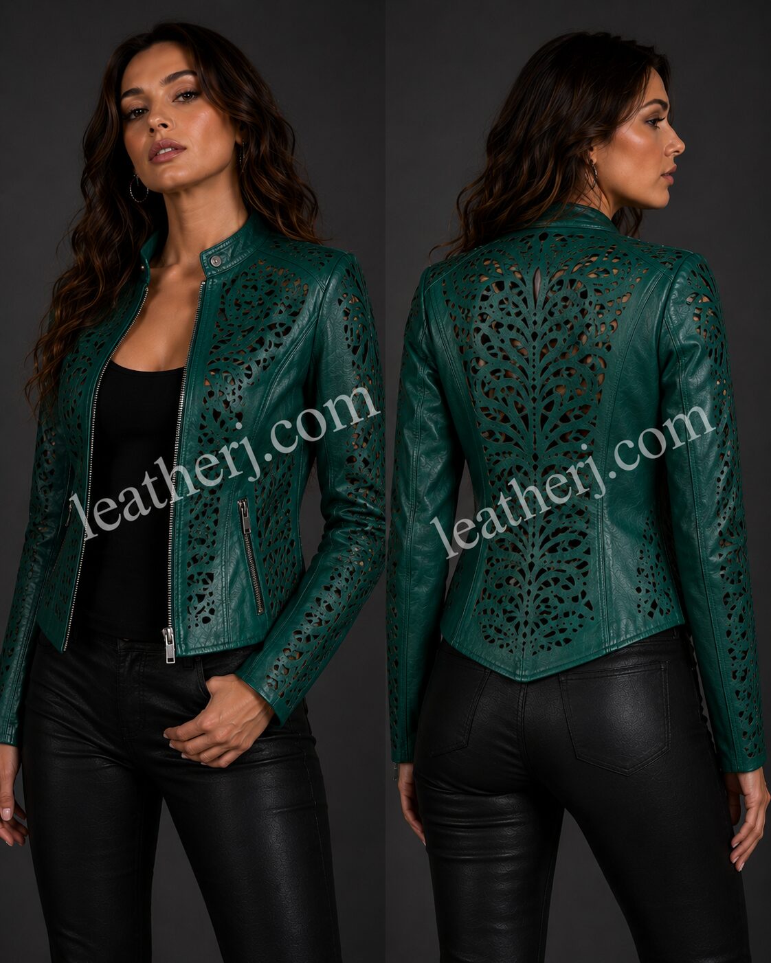 Women’s Emerald Green Cutwork Leather Jacket