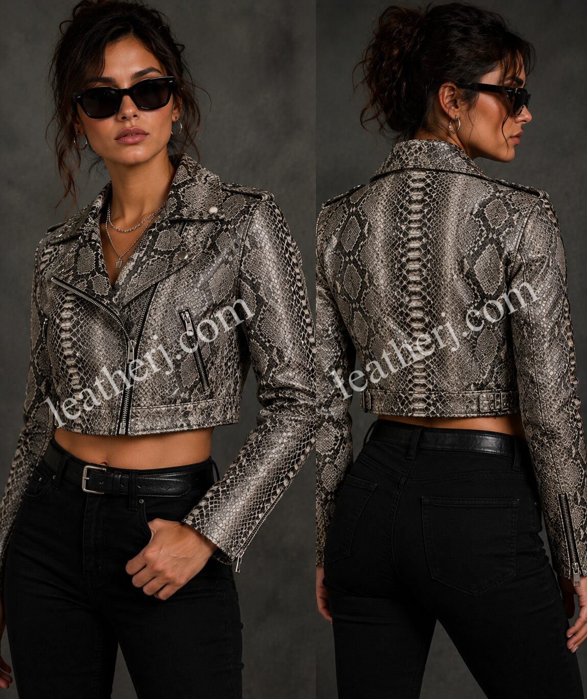 Women’s Cropped Snakeskin Print Leather Jacket