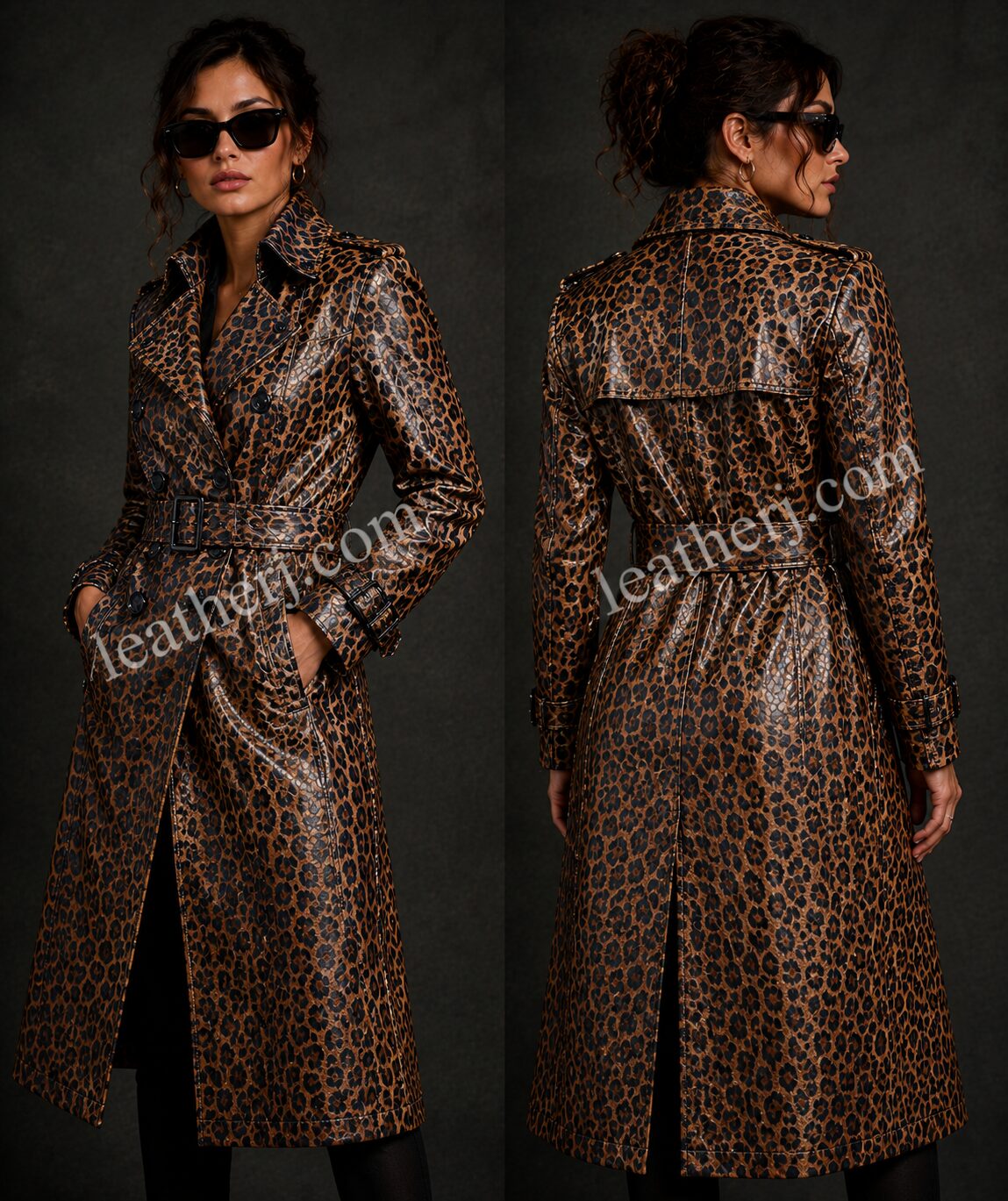 Women’s Leopard Print Leather Trench Coat