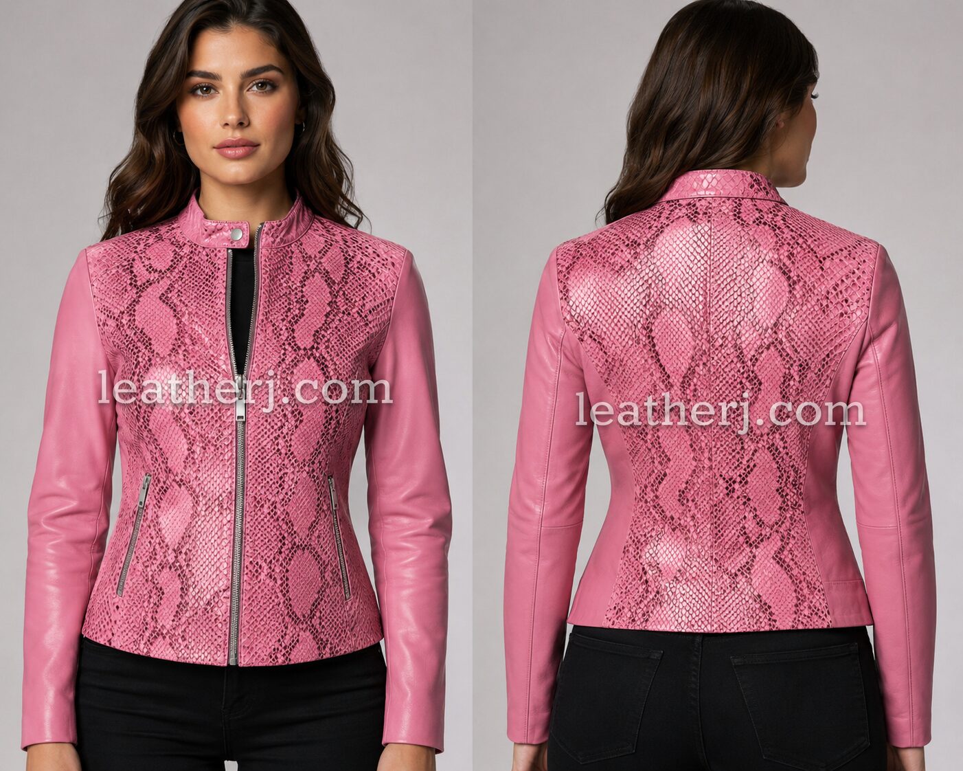 Pink Snakeskin printed Women’s Leather Jacket – Slim Fit Fashion Biker Style