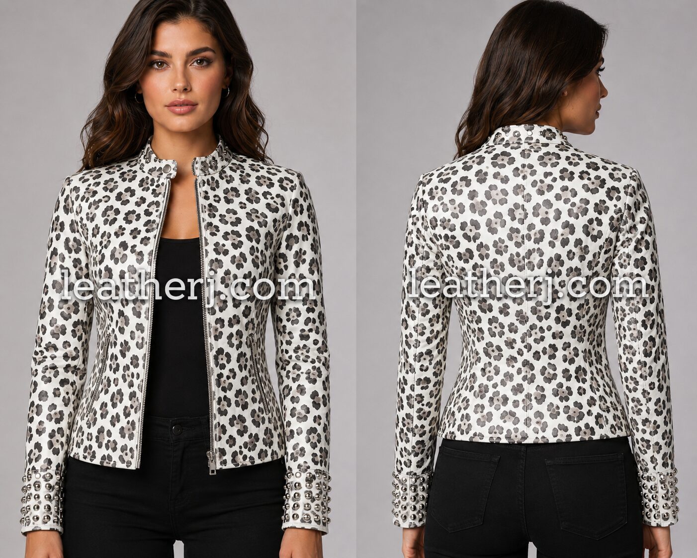 Women’s White Leopard Print Leather Jacket with Studded Cuffs