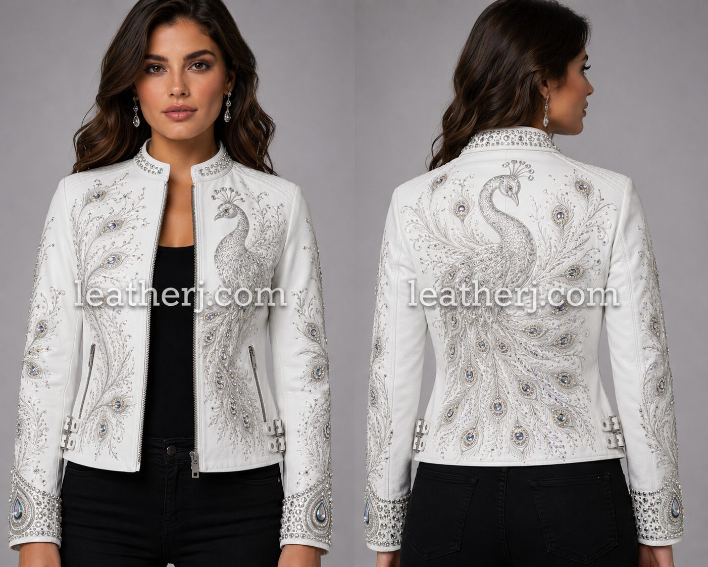 Women’s White Peacock Print Leather Jacket with Stone Embellished Cuffs