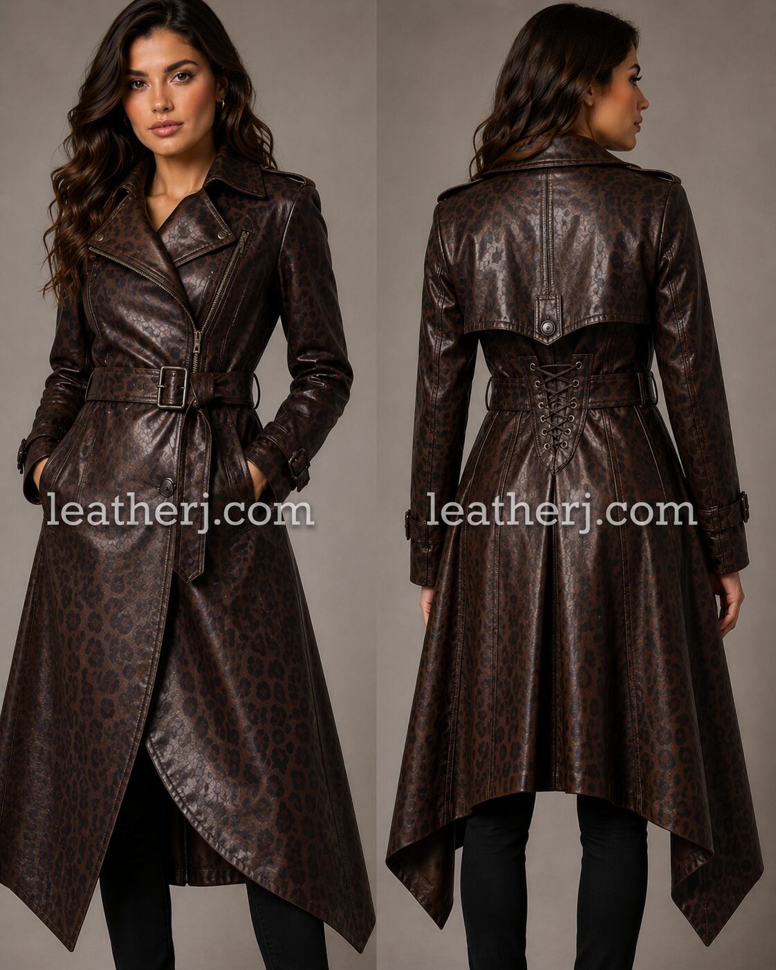 Women’s Dark Chocolate Leopard Print Leather Trench Coat