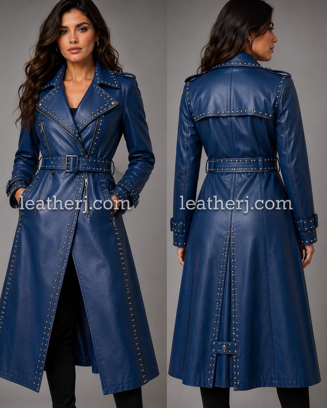 Women’s Blue Studded Leather Trench Coat with Belt