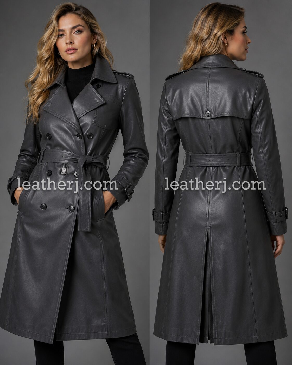 Women’s Dark Grey Leather Trench Coat with Belt